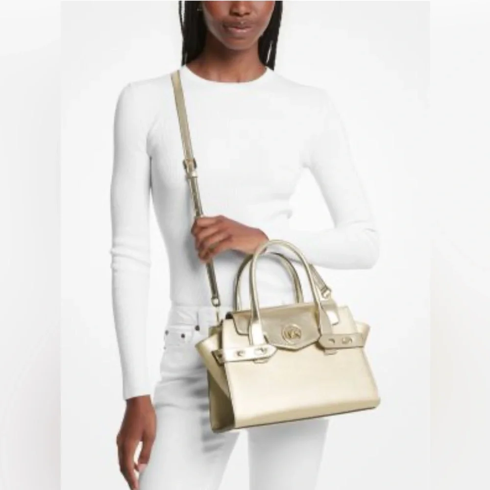 Michael Kors NWT Carmen Medium Metallic belted Gold Satchel Handbag - Picture 10 of 14